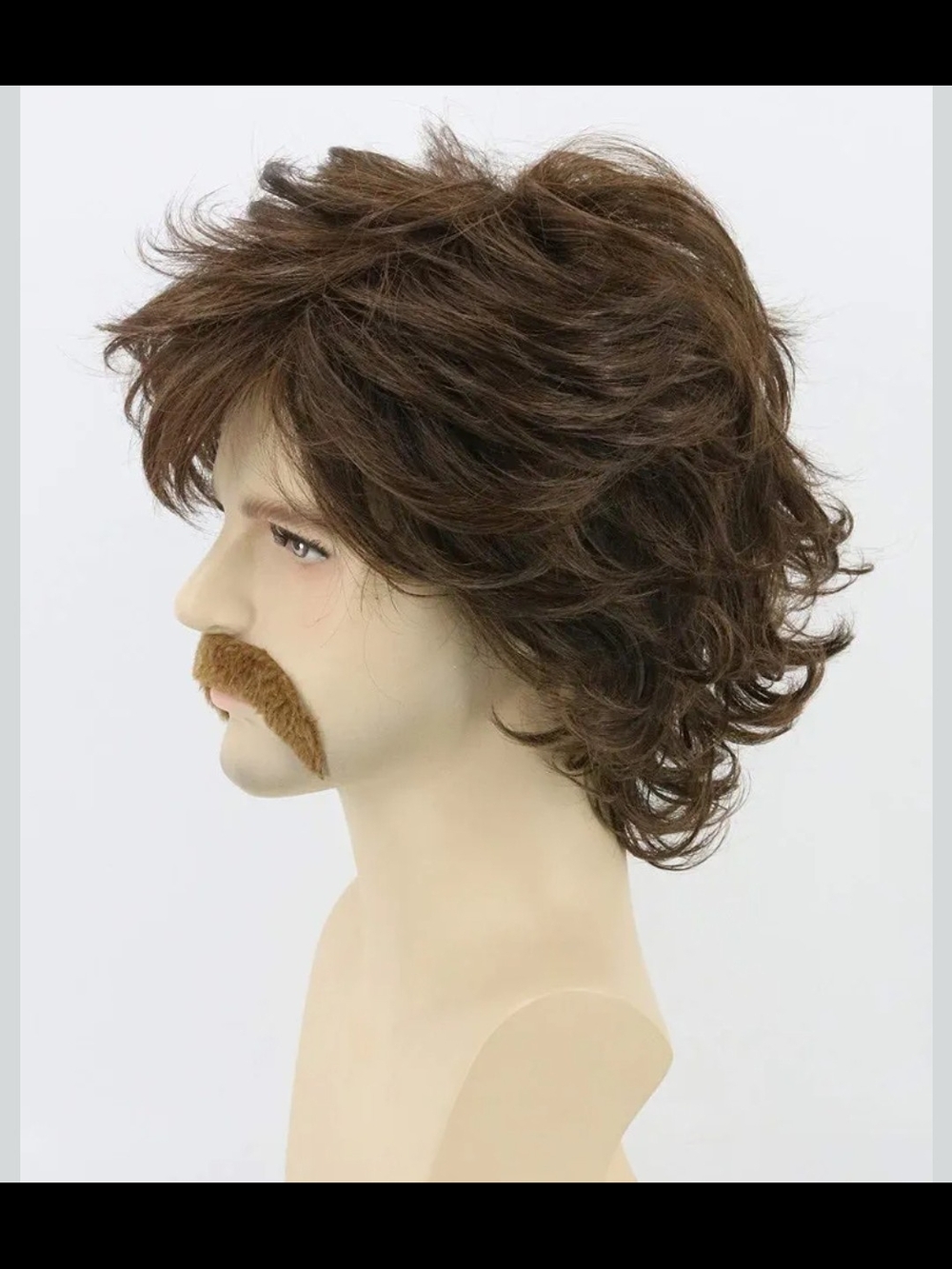 70s Men's Wig Set Rockstar Hippie Wig for Men Shaggy Brown Wig w/ Fake Mustache - Picture 5 of 13